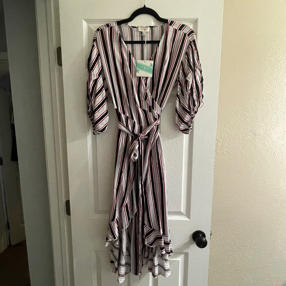 Umgee Multicolored Striped Wrap Tie Ruffle Midi Dress